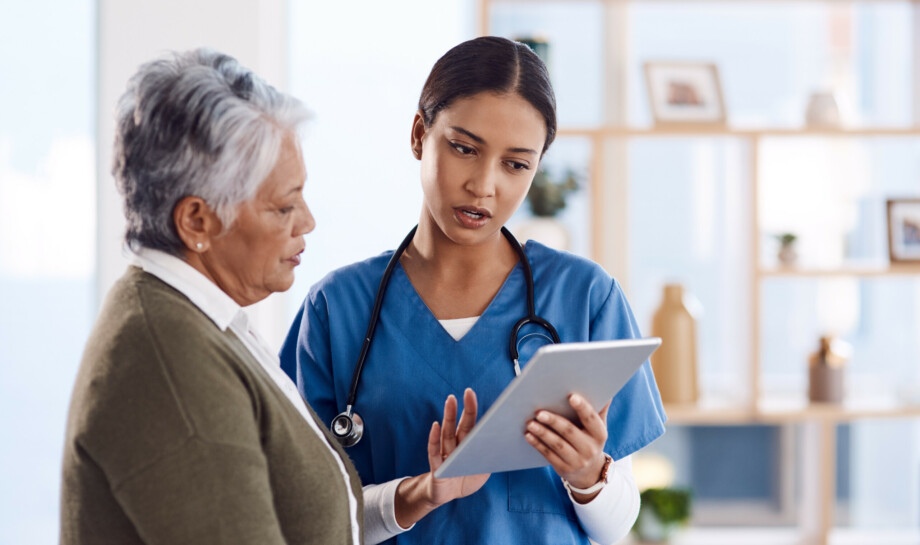 Telehealth, senior woman or doctor with digital tablet, consultation or planning treatment for cure. female person, employee or medical professional with a patient, women or technology for healthcare