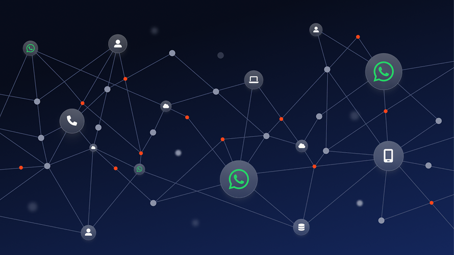 A digital network illustration with interconnected icons representing whatsapp, phones, computers, and users on a dark background with nodes and connecting lines.